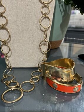 Coral Enamel Bangle, Gold-tone Bangle and Necklace of Circles